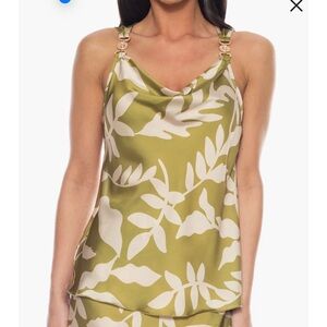 Tash & Sophie Xl Floral Olive Green with gold straps flowy satin swoop neck tank
